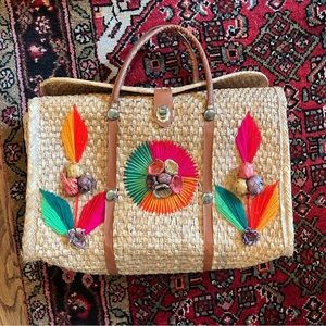 Vintage Mexico Hand Woven Straw Raffia Wicker Beach Tote Market Bag Purse